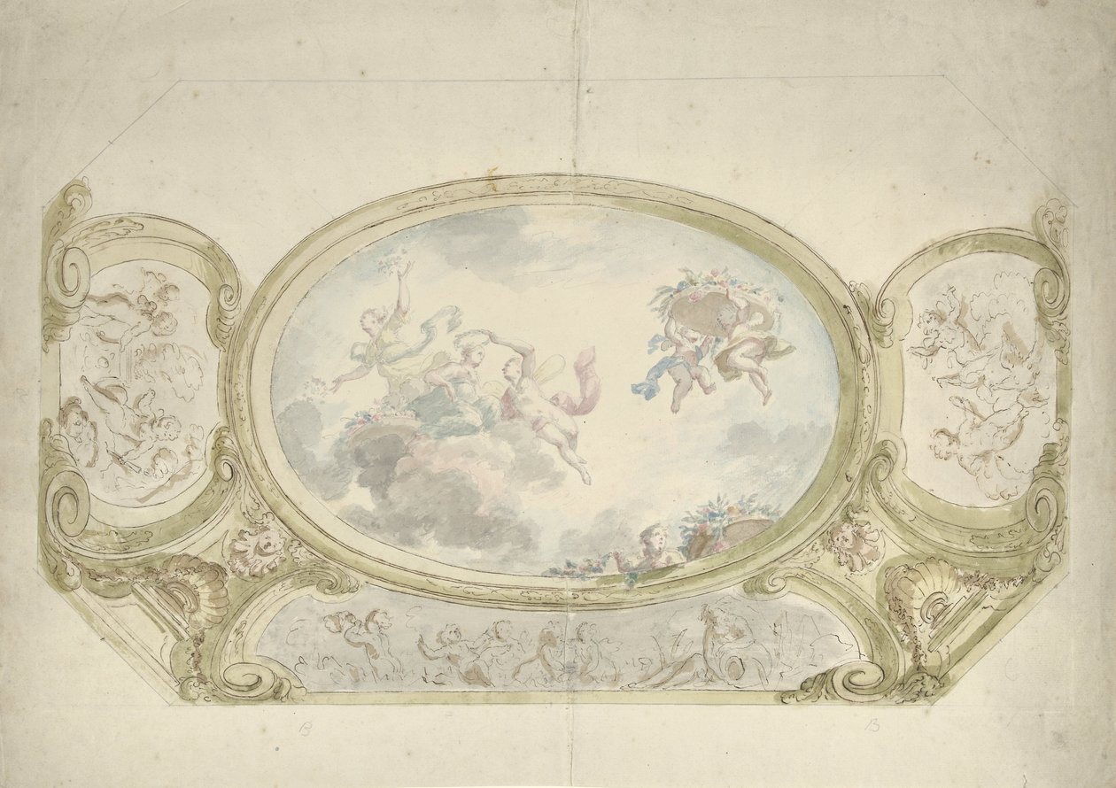 Mennyezeti festményterv: ovális allegorikus ábrázolással, putti jelenetekkel körülvéve alkotó: Dionys van Nijmegen (possibly)