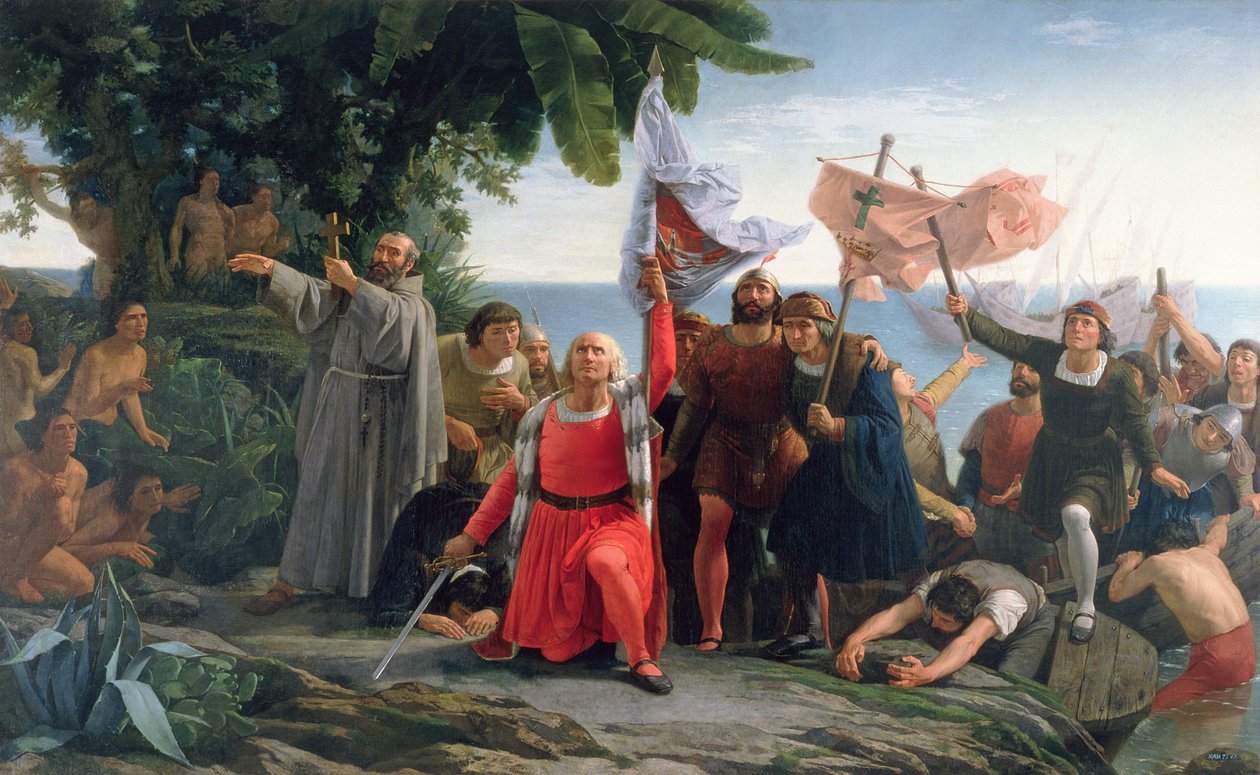 Kolumbusz Kristóf (1450-1506) első partraszállása Amerikában, 1862 alkotó: Dioscoro Teofilo Puebla Tolin