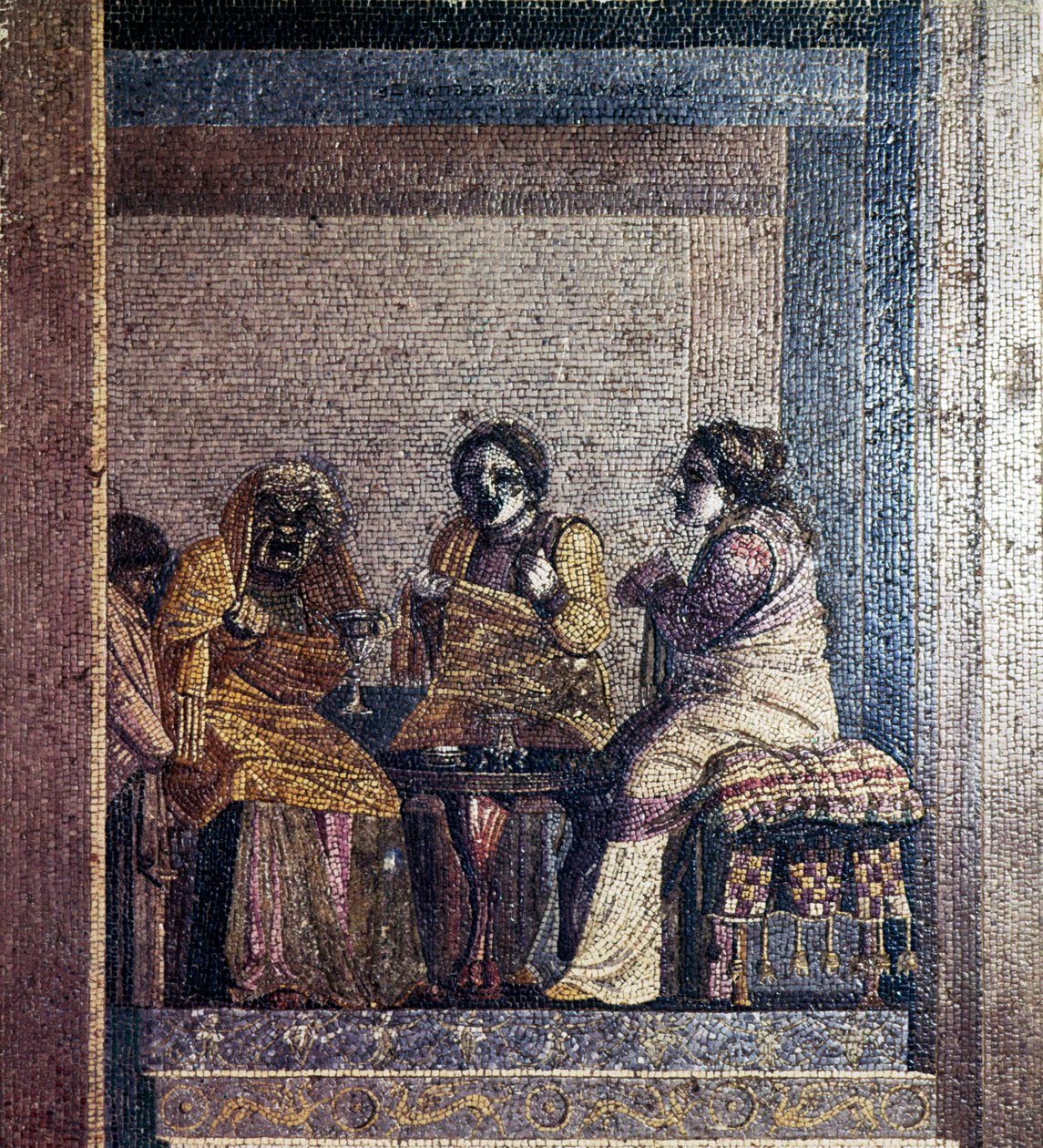 Római mozaik a színdarabból álarcos színészekkel, Cicero villája, Pompei, Kr.e. II. század alkotó: Dioscurides of Samos