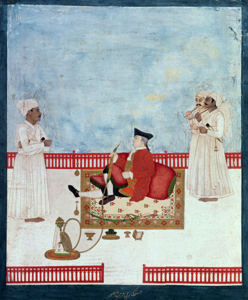 Egy európai ül a teraszon kísérőkkel, 1760-63 körül (indiai miniatűr) alkotó: Dip Chand
