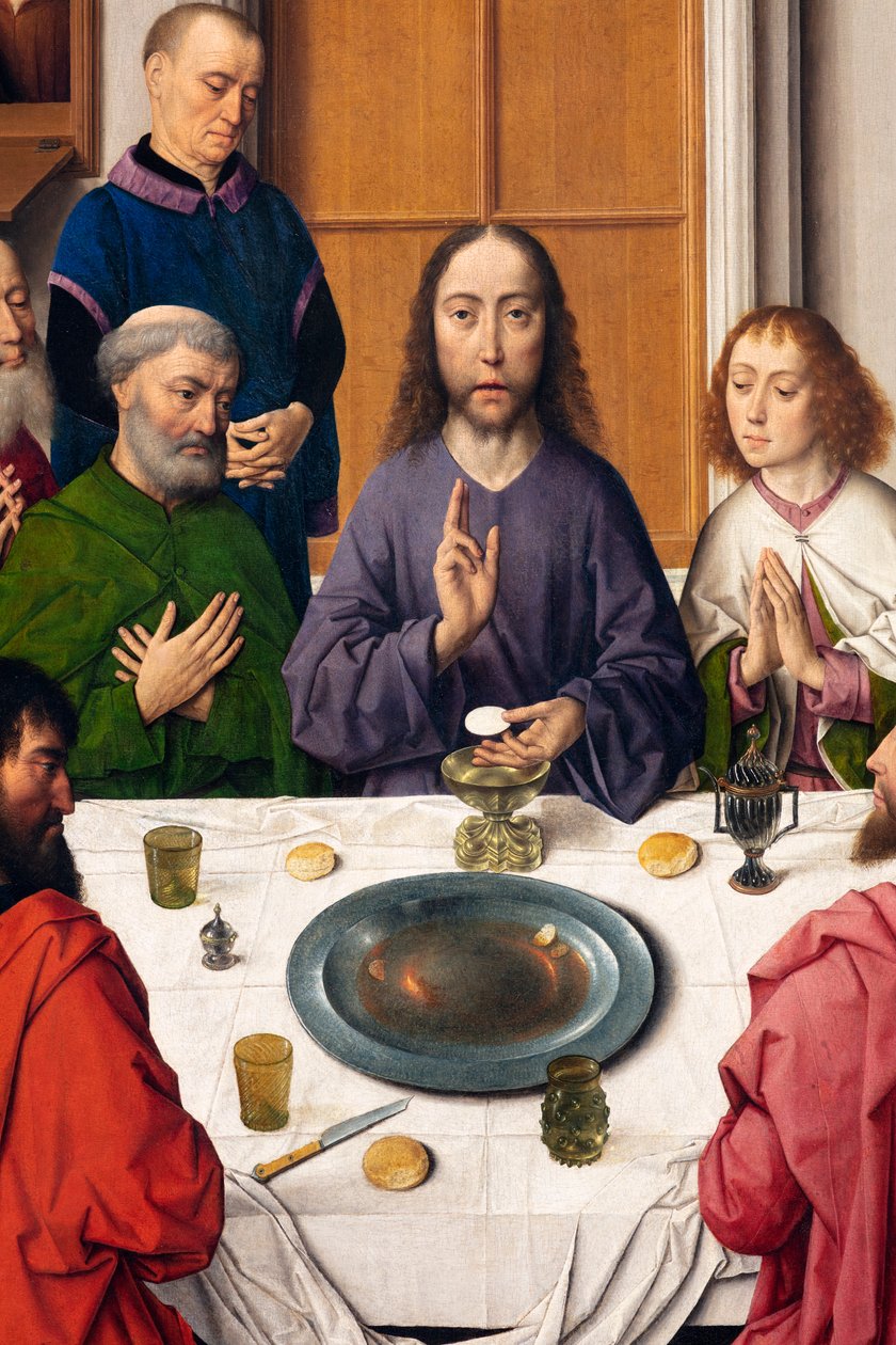 Plébániatemplom (Szent Péter plébániatemplom). festmény. Utolsó vacsora. Dirk Bouts. 1464-1468. Részlet. központi panel. alkotó: Dirck Bouts