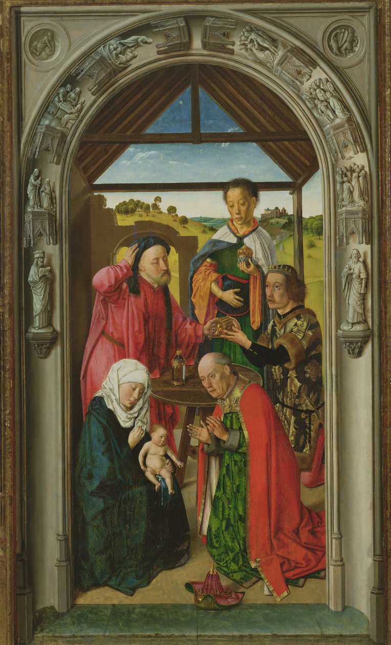 The Adoration of the Magi, 1445 körüli olaj, panel részlete 36895-ből alkotó: Dirck Bouts