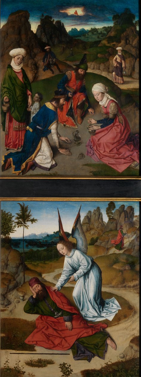 A Manna és Illés összejövetele a sivatagban, a Szentségi Oltárról, 1464-68 körül (olaj, tábla) alkotó: Dirck Bouts