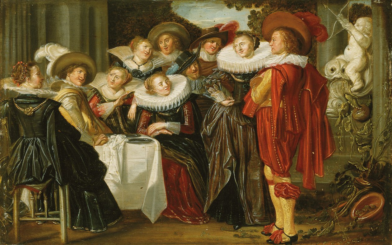 Egy elegáns vállalat ebédel egy teraszon, 1623 alkotó: Dirck Hals