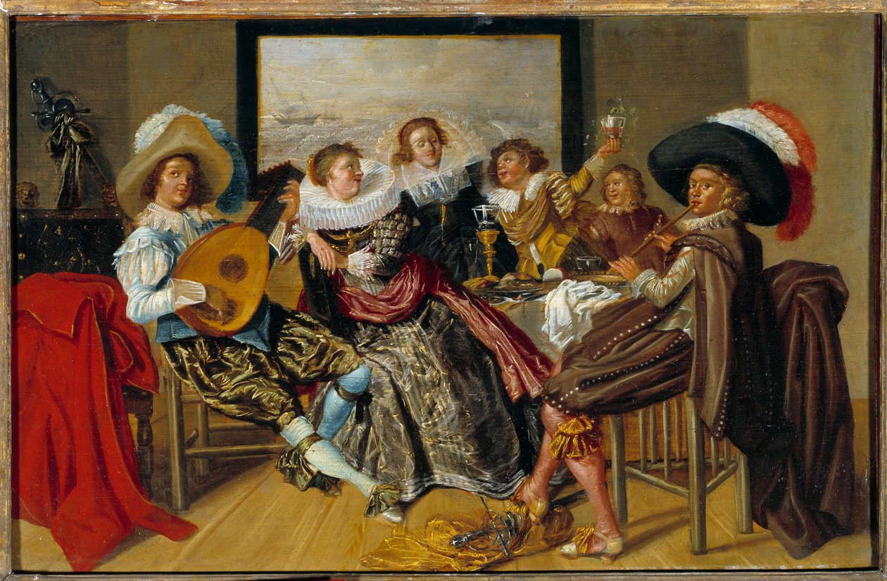 Galant Meeting Zenészek és fiatal nők zenélnek és poharukat emelik egy partin. Dirk Hals (1591-1656) festménye 1625 V. 0,3x0,46 m alkotó: Dirck Hals