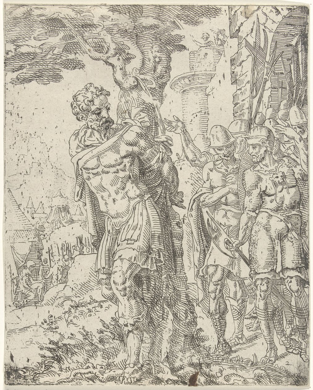 Achior egy fához kötve Judit és Holofernes (sorozat címe) alkotó: Dirck Volckertsz. Coornhert (attributed to)