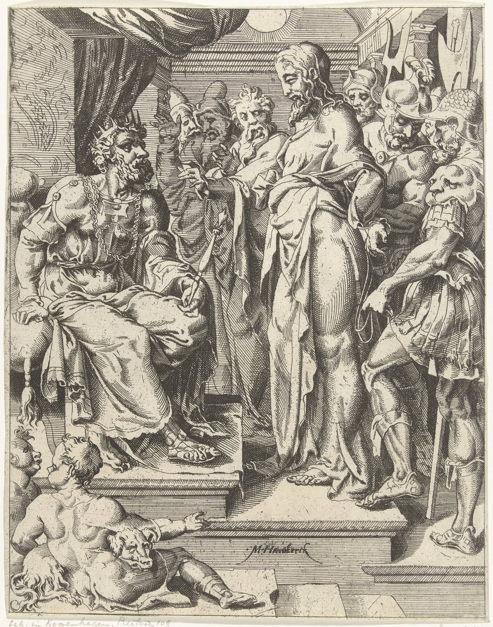 Krisztus Heródes előtt Az emberiség bukása és megváltása Krisztus életén és szenvedésen keresztül (sorozat címe) alkotó: Dirck Volckertsz. Coornhert (attributed to)