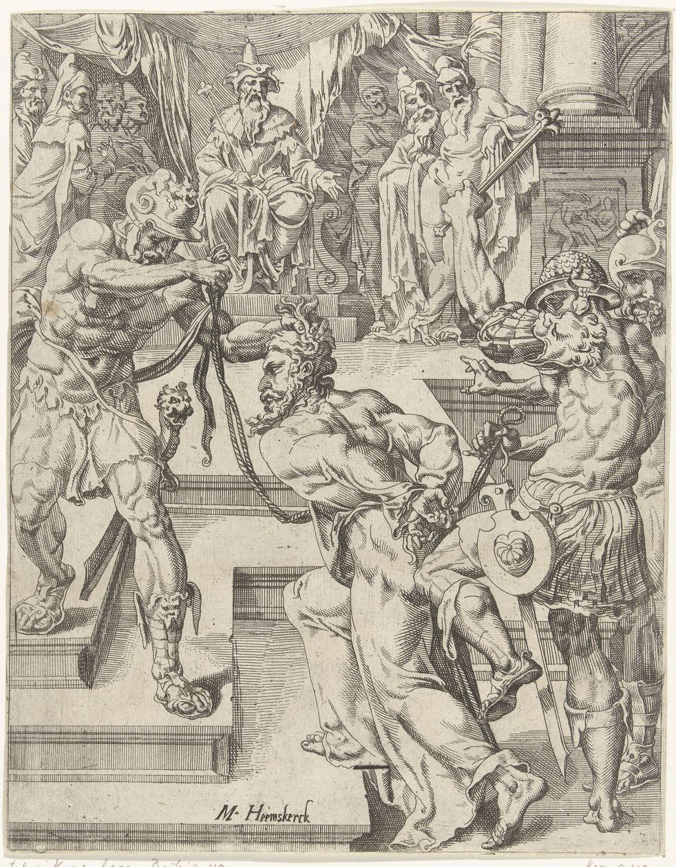 Krisztus Kajafás előtt Az emberiség bukása és megváltása Krisztus életén és szenvedésen keresztül (sorozat címe) alkotó: Dirck Volckertsz. Coornhert (attributed to)