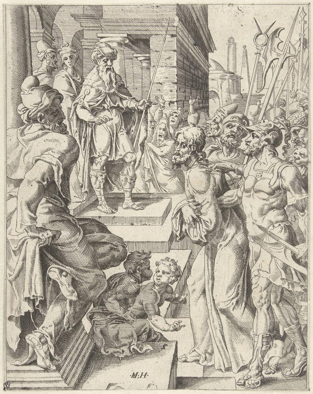 Krisztus Pilátus előtt Az emberiség bukása és megváltása Krisztus életén és szenvedésen keresztül (sorozat címe) alkotó: Dirck Volckertsz. Coornhert (attributed to)