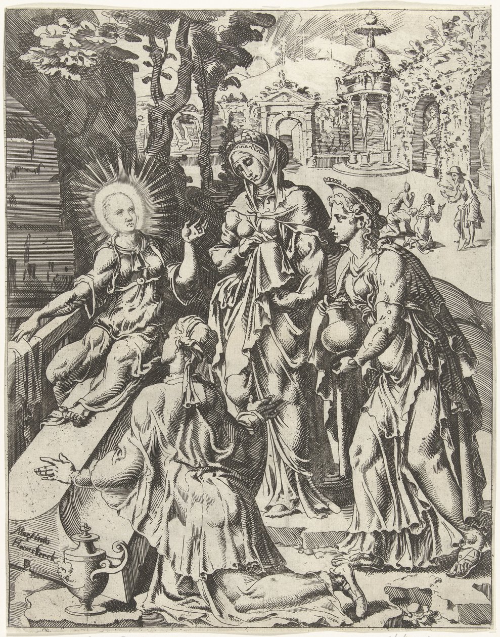 Szent asszonyok a sírnál Az emberiség bukása és megváltása Krisztus életén és szenvedésen keresztül (sorozat címe) alkotó: Dirck Volckertsz. Coornhert (attributed to)