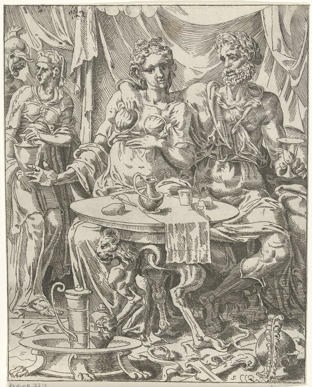 Judith és Holofernész lakomáznak Judith és Holofernes (sorozat címe) alkotó: Dirck Volckertsz. Coornhert (attributed to)