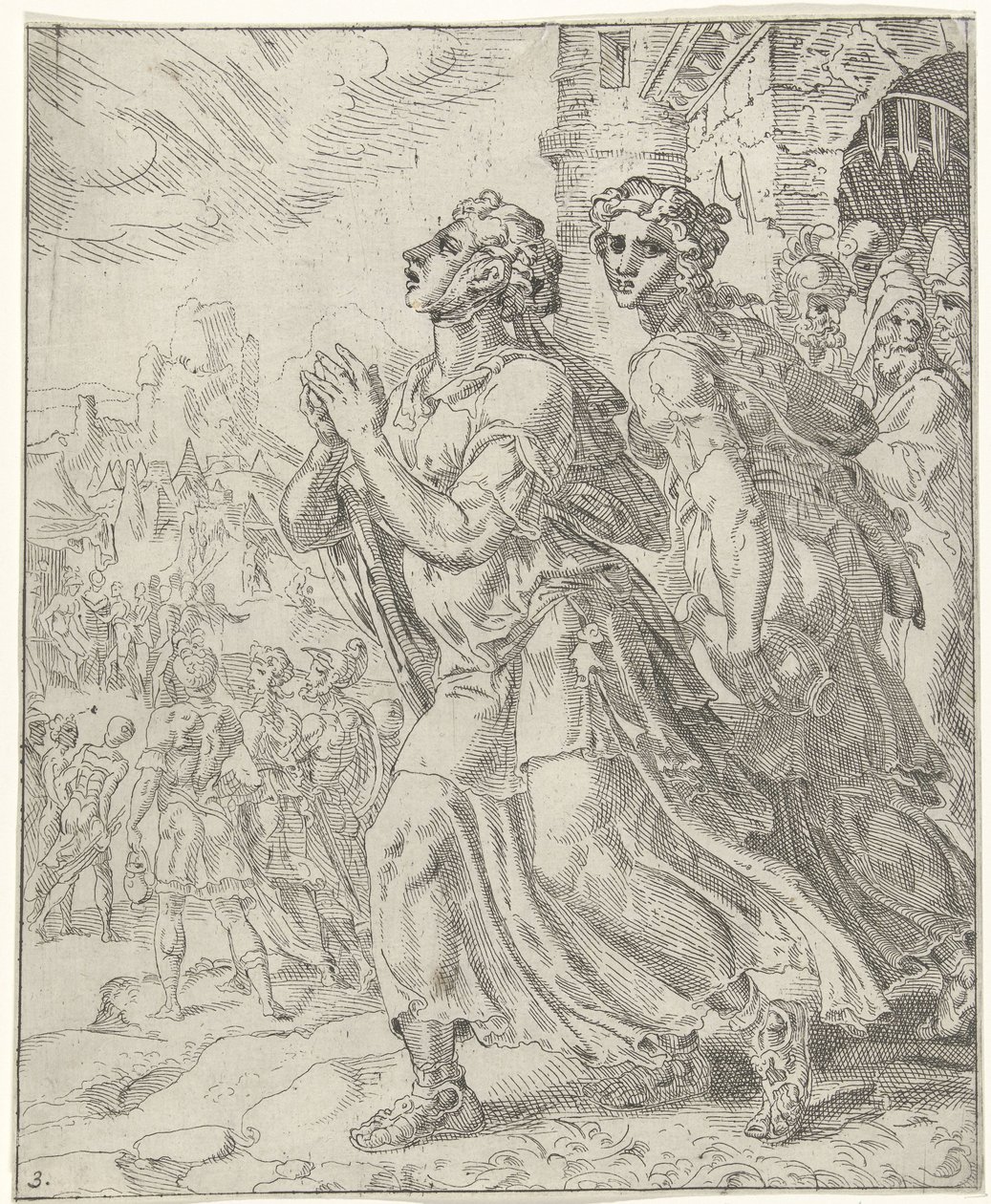 Judit és szolgája elhagyják Betuliát Judit és Holofernes (sorozat címe) alkotó: Dirck Volckertsz. Coornhert (attributed to)