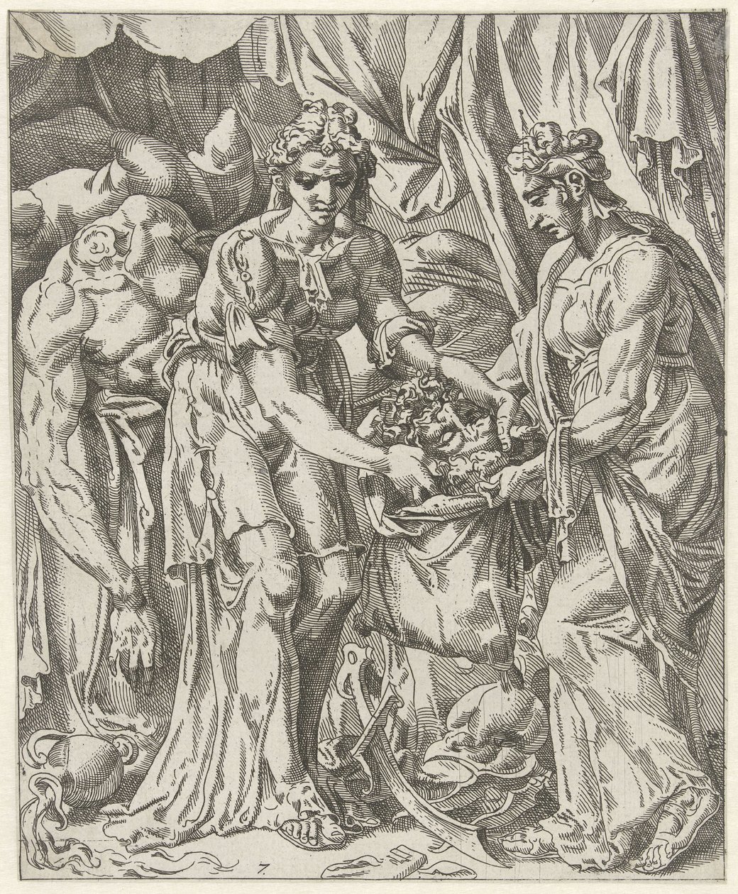 Judit egy zacskóba teszi Holofernész fejét Judit és Holofernes (sorozat címe) alkotó: Dirck Volckertsz. Coornhert (attributed to)