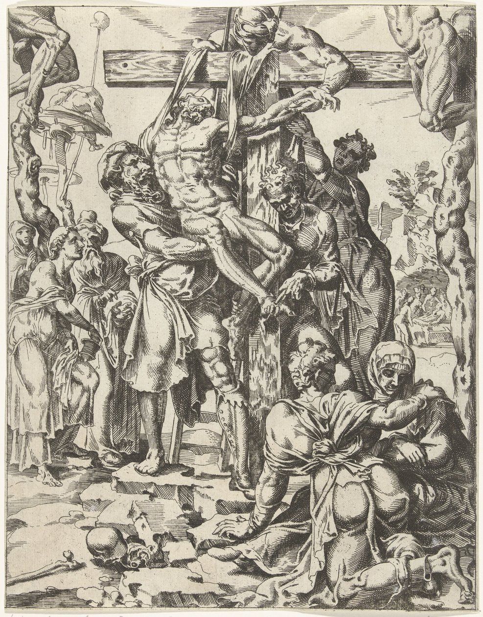 Leszállás a keresztről Az emberiség bukása és megváltása Krisztus életén és szenvedésén keresztül (sorozat címe) alkotó: Dirck Volckertsz. Coornhert (attributed to)