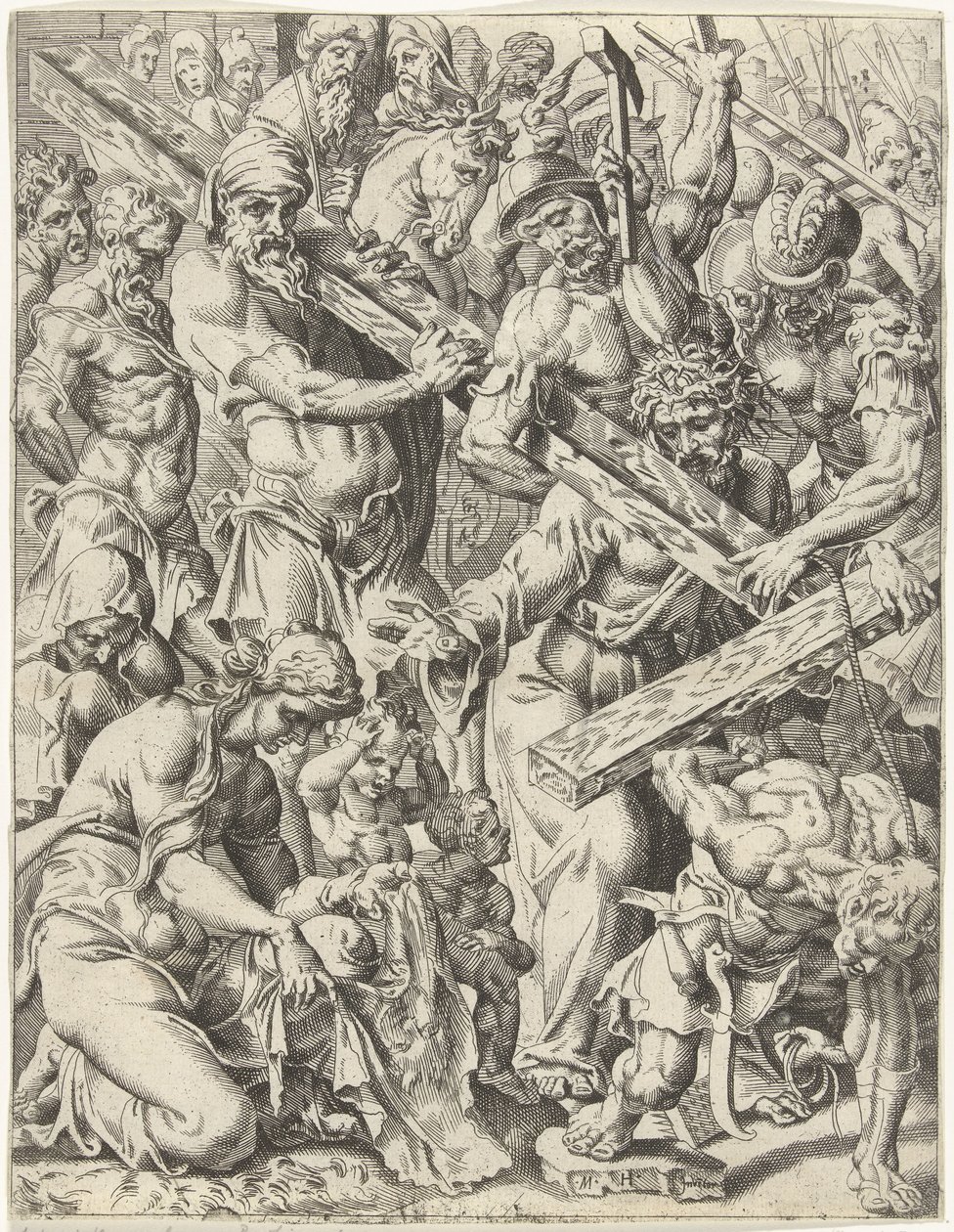 A kereszt hordozása Az emberiség bukása és megváltása Krisztus életén és szenvedésen keresztül (sorozat címe) alkotó: Dirck Volckertsz. Coornhert (attributed to)