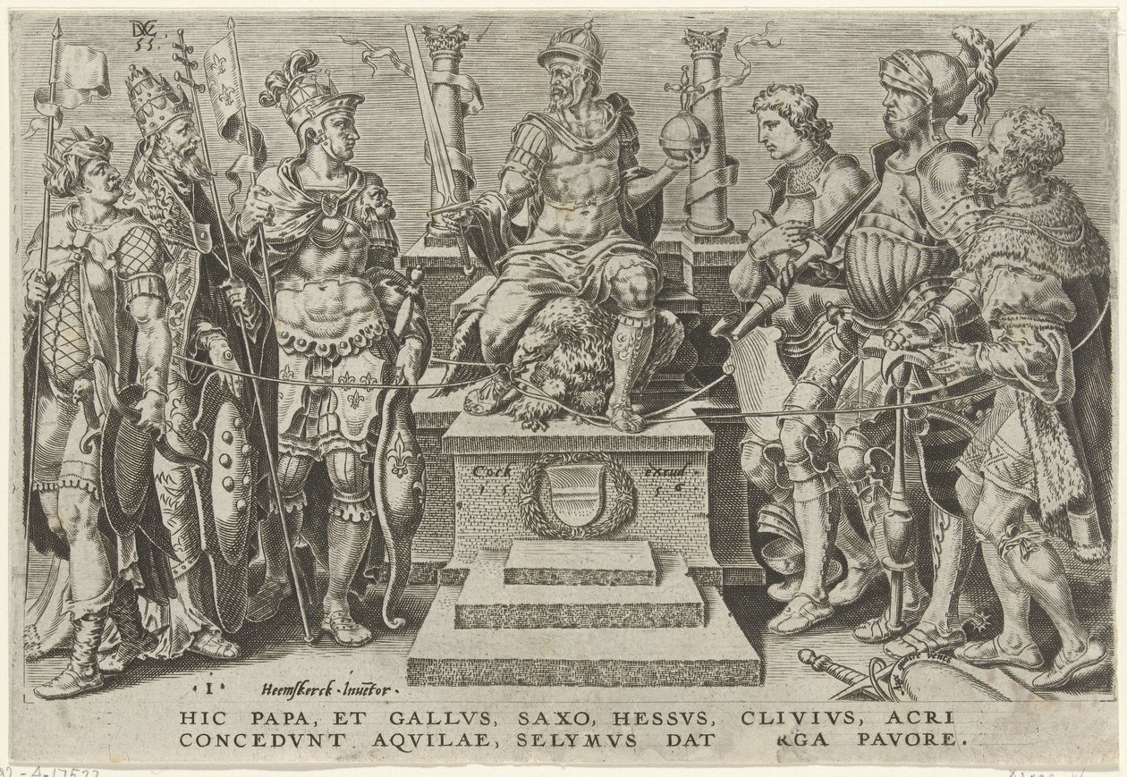 V. Károly császárt legyőzött ellenfelei körülvéve V. Károly győzelmei (sorozat címe) Divi Caroli. v. imp. dönt. max. victoriae, ex multis praecipuae (sorozat címe) alkotó: Dirck Volckertsz. Coornhert