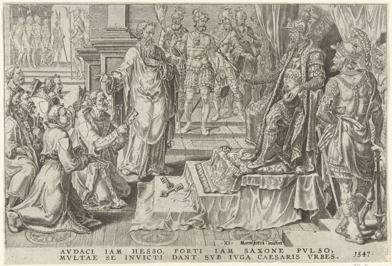 Hat német város leigázása, 1547 V. Károly győzelmei (sorozat címe) Divi Caroli. v. imp. dönt. max. victoriae, ex multis praecipuae (sorozat címe) alkotó: Dirck Volckertsz. Coornhert