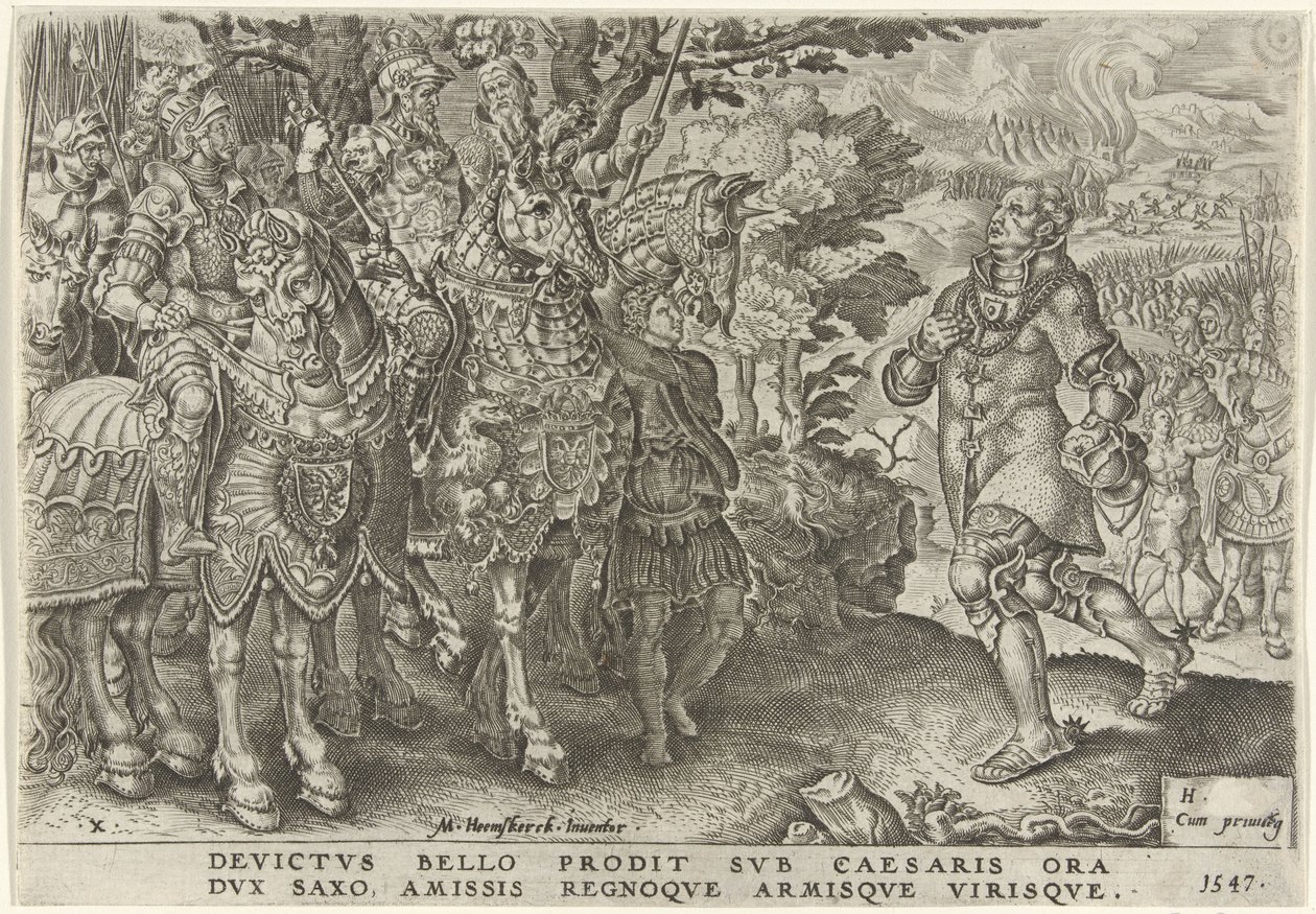 A szász herceg megadása a mühlbergi csatatéren, 1547 V. Károly győzelmei (sorozat címe) Divi Caroli. v. imp. dönt. max. victoriae, ex multis praecipuae (sorozat címe) alkotó: Dirck Volckertsz. Coornhert