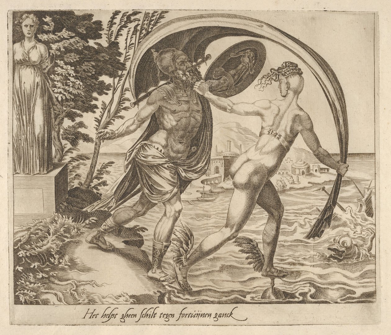 A pajzs nem használ, ha a szerencse hátat fordít a hat mondásból a szerencseről, kb. 1560. alkotó: Dirck Volkertsen Coornhert
