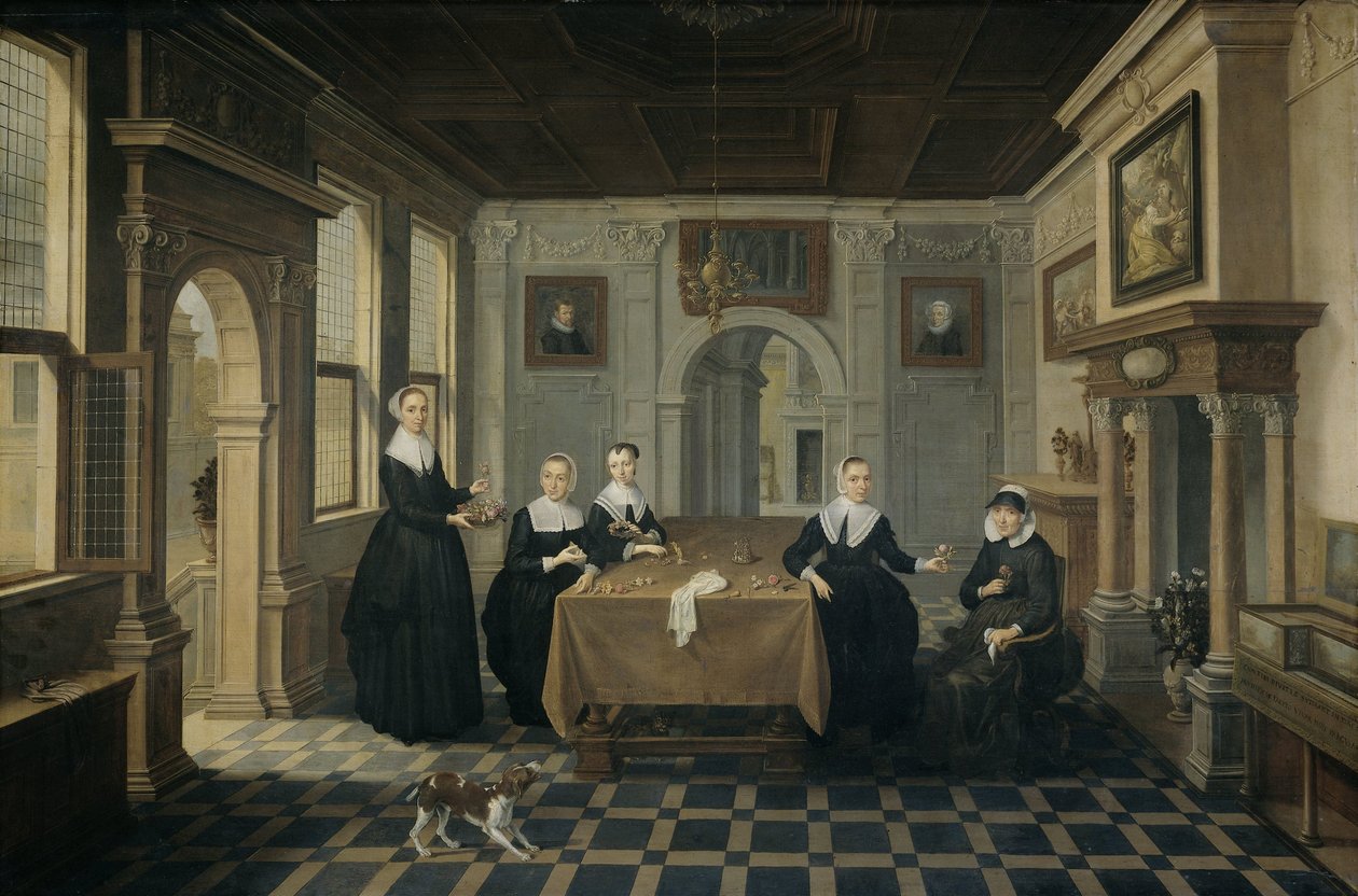 Öt hölgy egy belső térben alkotó: Dirck van Delen (attributed to)