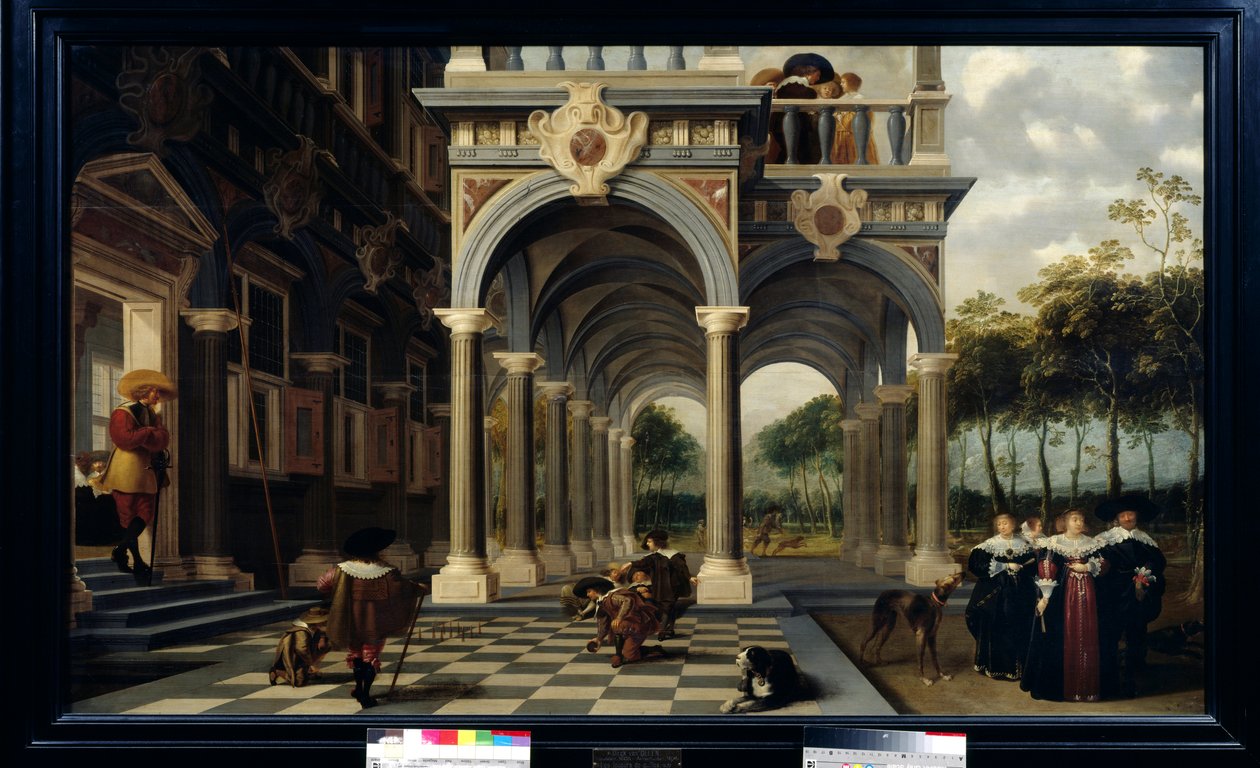 Bowl játékosok Bowling játék a sakktáblán. Dirk Van Delen festménye (1605-1671) alkotó: Dirck van Delen