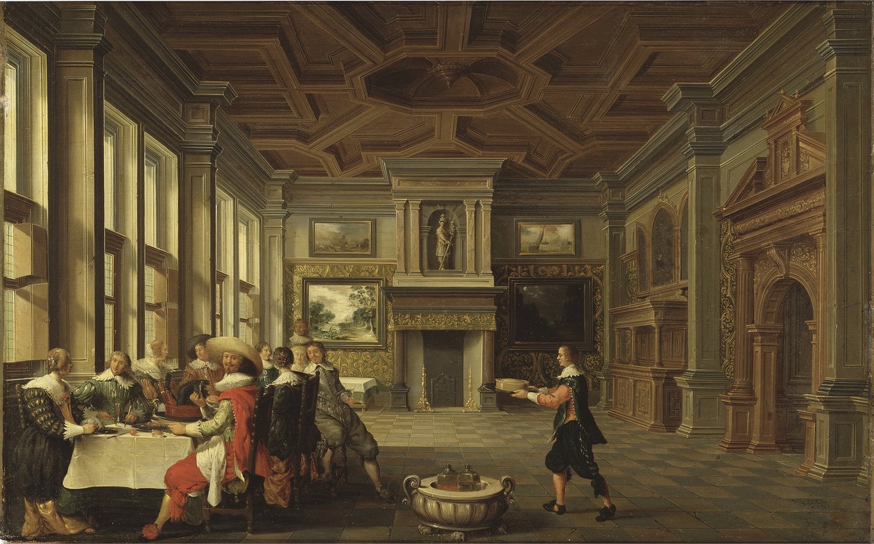 Diner distingue dans un interieur – Distinguished Dinner Company in an Interior, szerző: Delen, Dirck van (kb. 1605-1671). Olajfestmény alkotó: Dirck van Delen