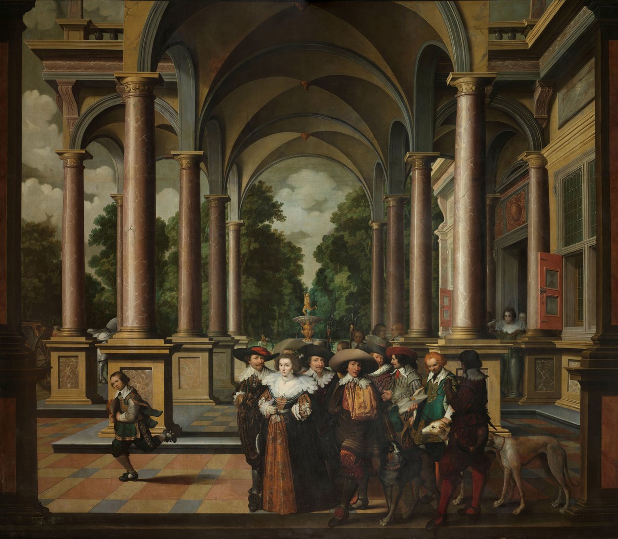 Galéria egy palotáról díszes építészettel és oszlopokkal Hétrészes dekorációs sorozat: Galéria alkotó: Dirck van Delen