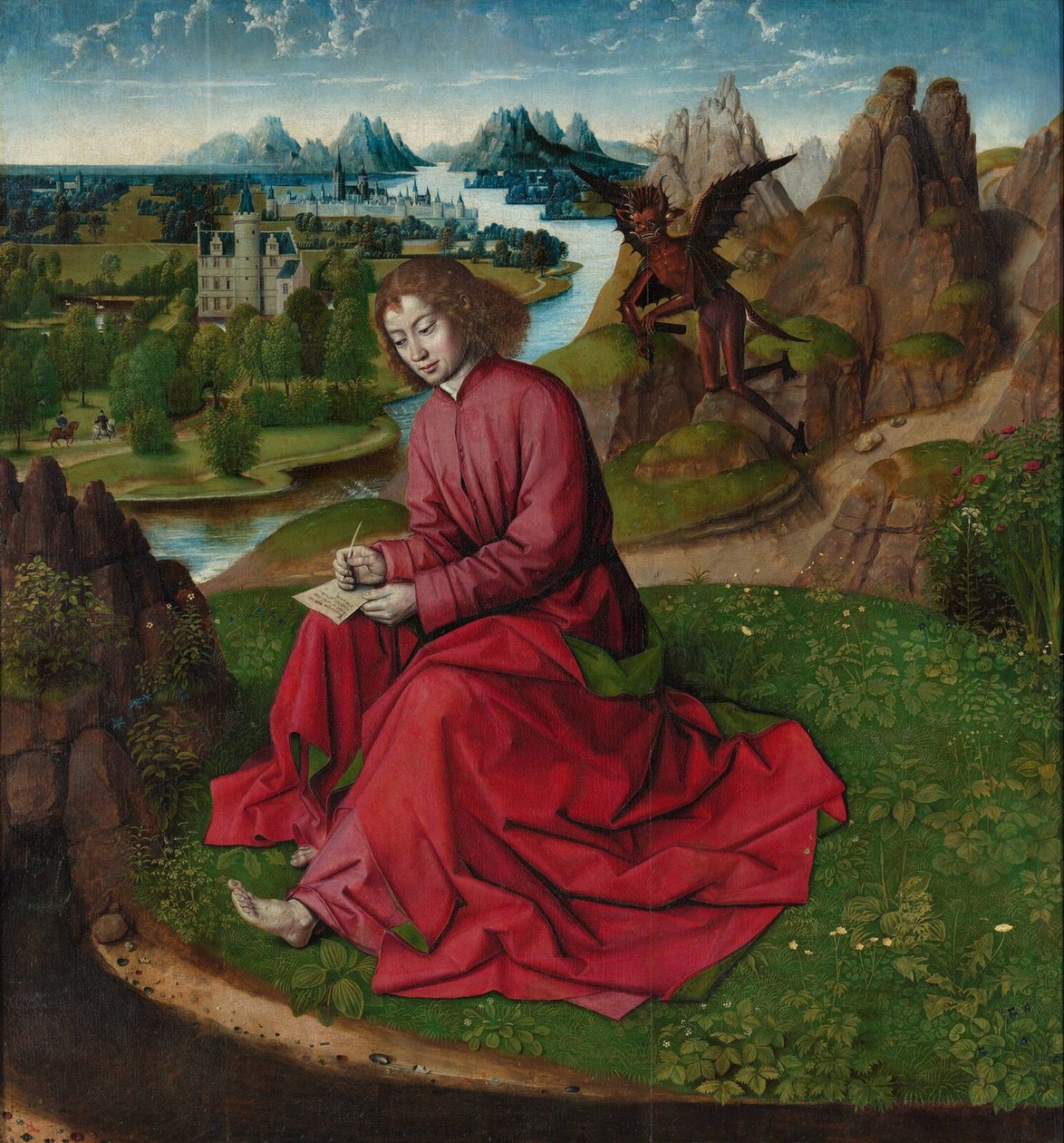 Szent János evangélista Patmoszon, 1465 körül alkotó: Dirk Bouts