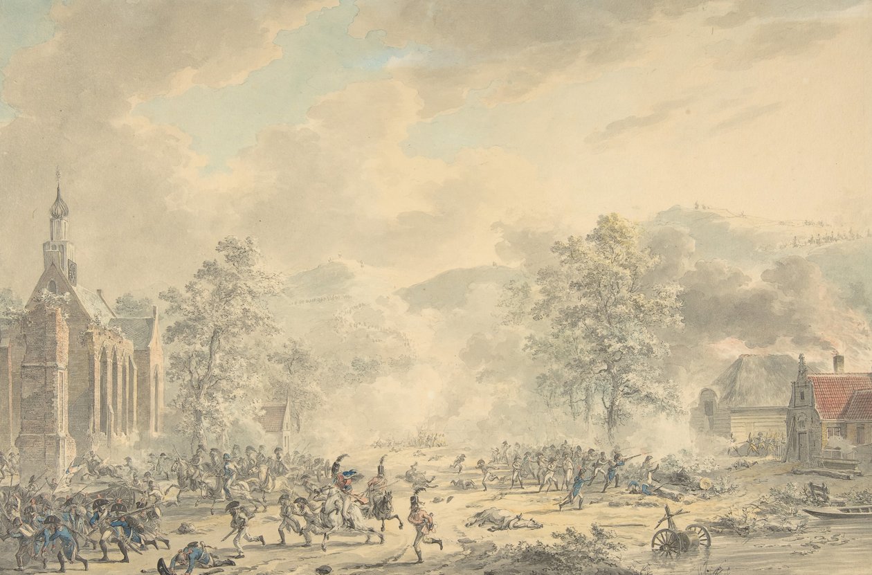 Csatajelenet templommal a bal oldalon, kb. 1790-1800. alkotó: Dirk Langendijk
