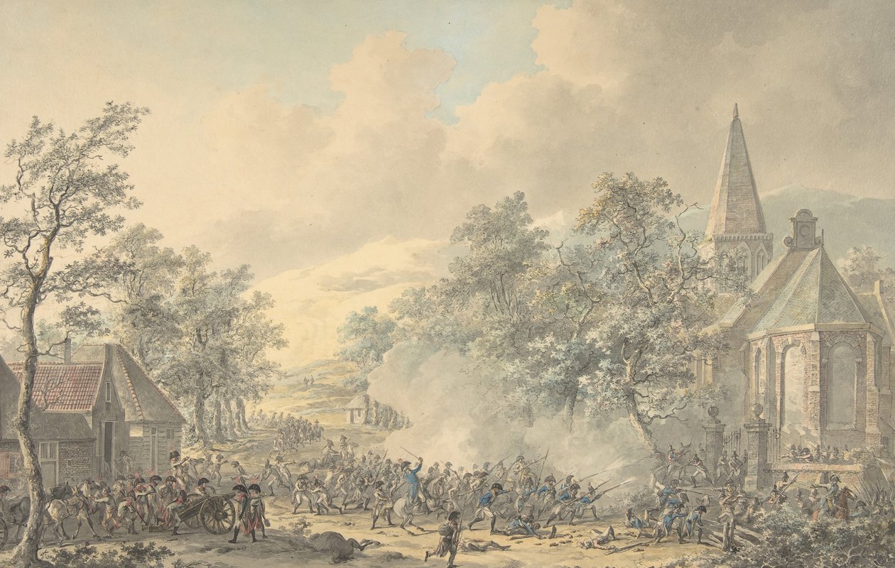Csatajelenet a templommal jobbra, kb. 1790-1800. alkotó: Dirk Langendijk