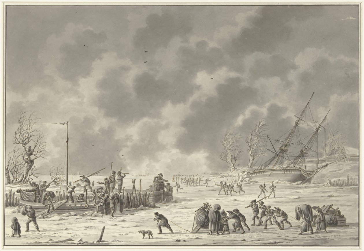 Repülések a texeli szárazföldekre, 1795. január A Canonier Booten és a Landzaaten Vlugt távozása 1794 decemberében (cím a tárgyon) alkotó: Dirk Langendijk