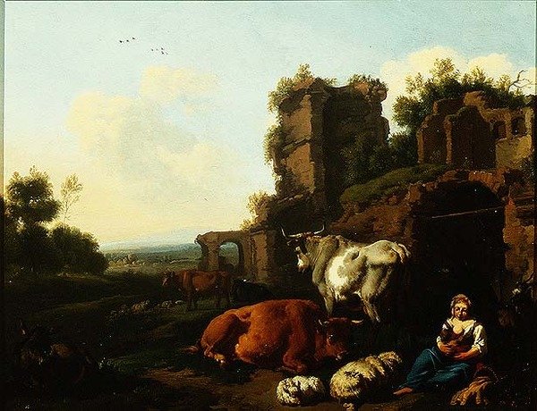 Tájkép pásztorlánnyal, 1670 körül (olaj, tábla) alkotó: Dirk van Berghen