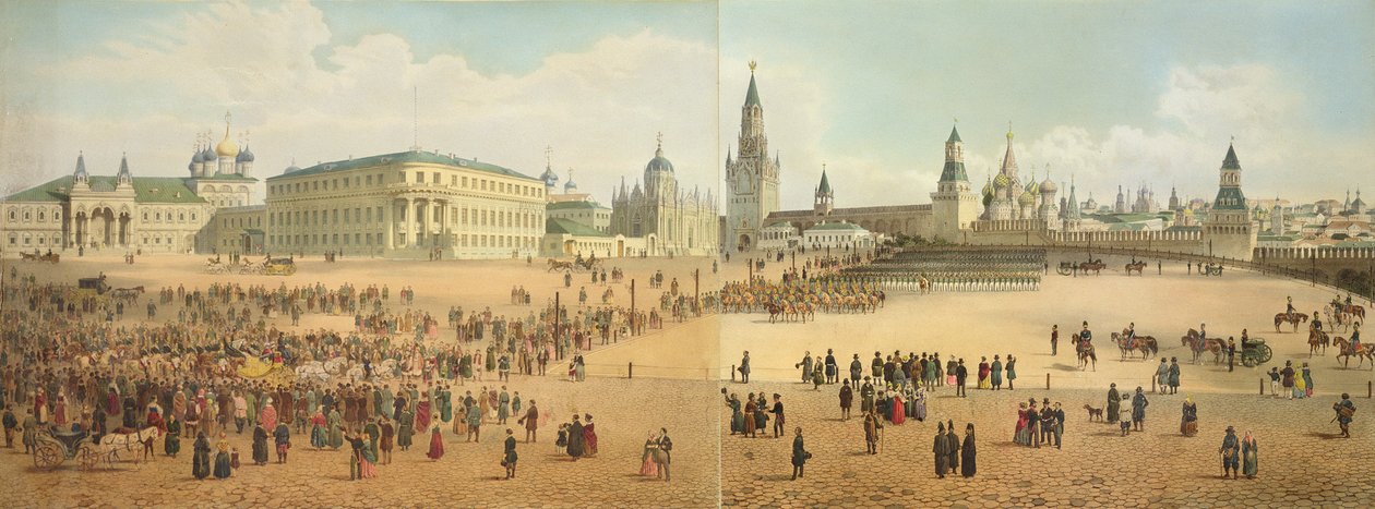 A Nikolaevszkij-palota és a Szent Bazil-székesegyház a Kreml felől nézve, Moszkva panorámájából, Philippe Benoist (1813-1905 körül) és Auburn, kocsma metszetében. Lemercier, 1840 körül (lásd 8876 alkotó: Dmitri Indieitzeff