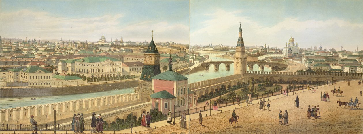 Kilátás a folyóra a Kreml felől, beleértve a Megváltónk templomát, Moszkva panorámájából, Philippe Benoist (1813-kb. 1905) és Aubrun kocsmából. Lemercier, 1840 körül alkotó: Dmitri Indieitzeff