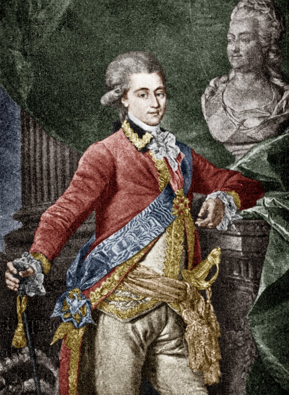 Alekszandr Dmitrijevics Lanskoj (1758-1784) orosz katona, II. Katalin szeretője, metszet színezett dokumentum alkotó: Dmitri Grigor