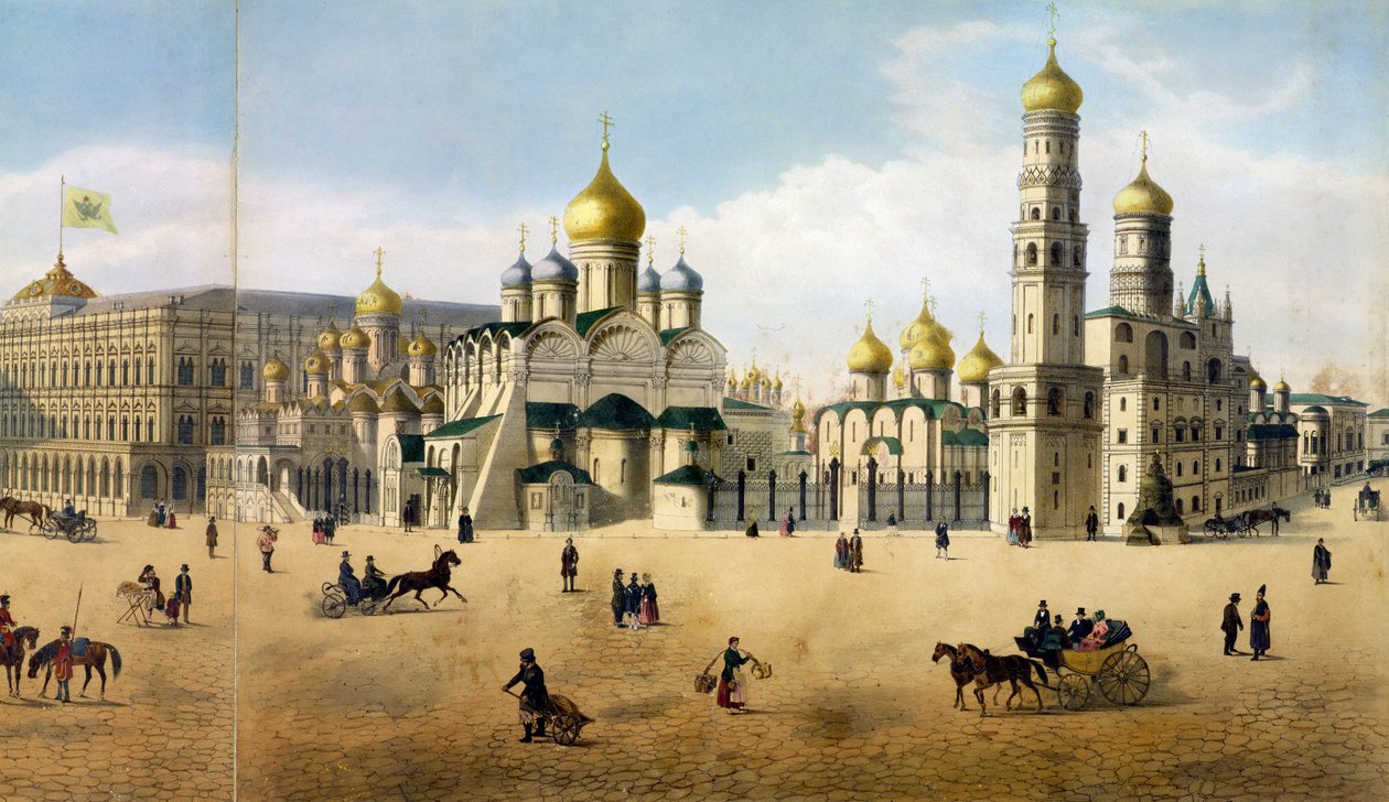 Az Angyali üdvözlet és az Arkangyal székesegyháza, Moszkva panorámájából, Philippe Benoist vésette 1813-c.1905 és Aubrun, kocsma. Lemercier 105099 litho részlete alkotó: Dmitri Indieitzeff