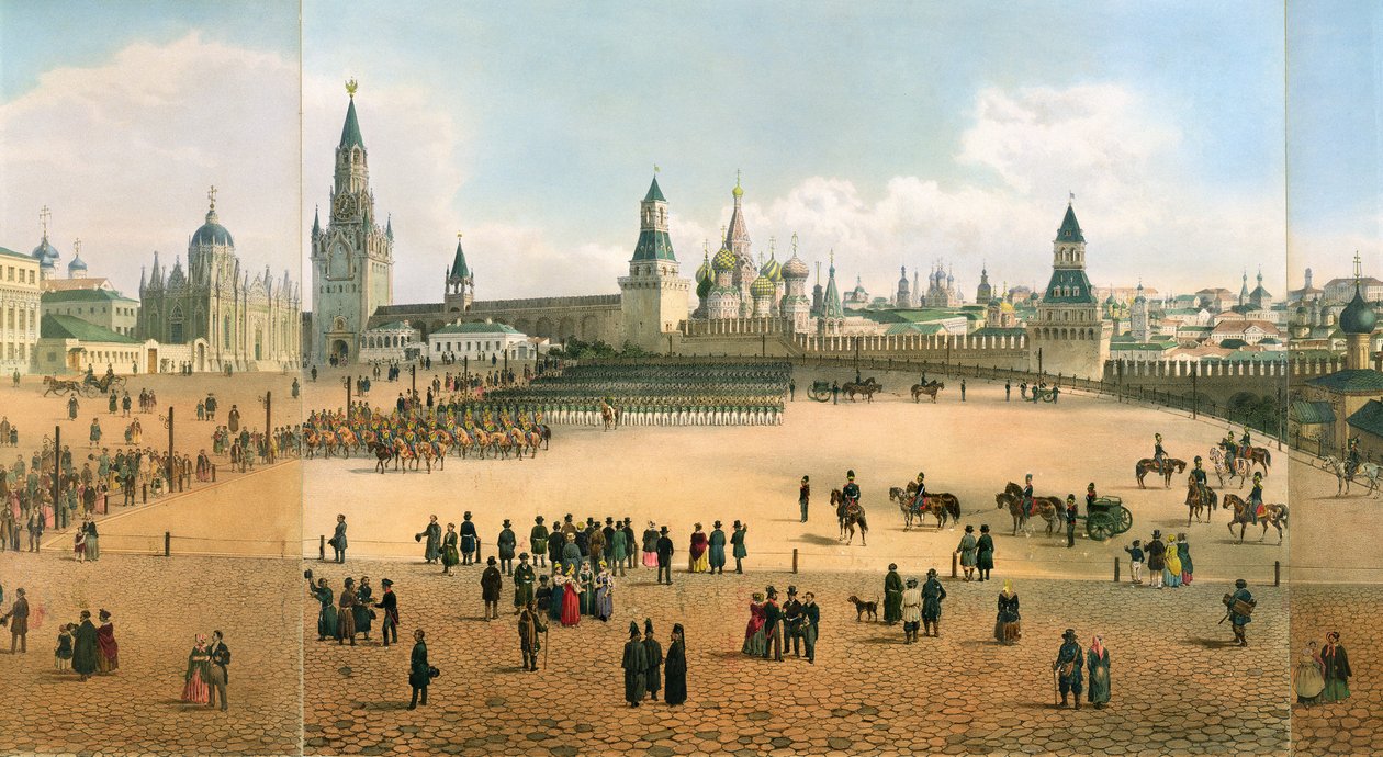 Szent Bazil-székesegyház a Kreml felől nézve, Moszkva panorámájából, Philippe Benoist vésette 1813-c.1905 és Aubrun, kocsma. Lemercier, 1840 körüli litho részlet az 105095-ből alkotó: Dmitri Indieitzeff