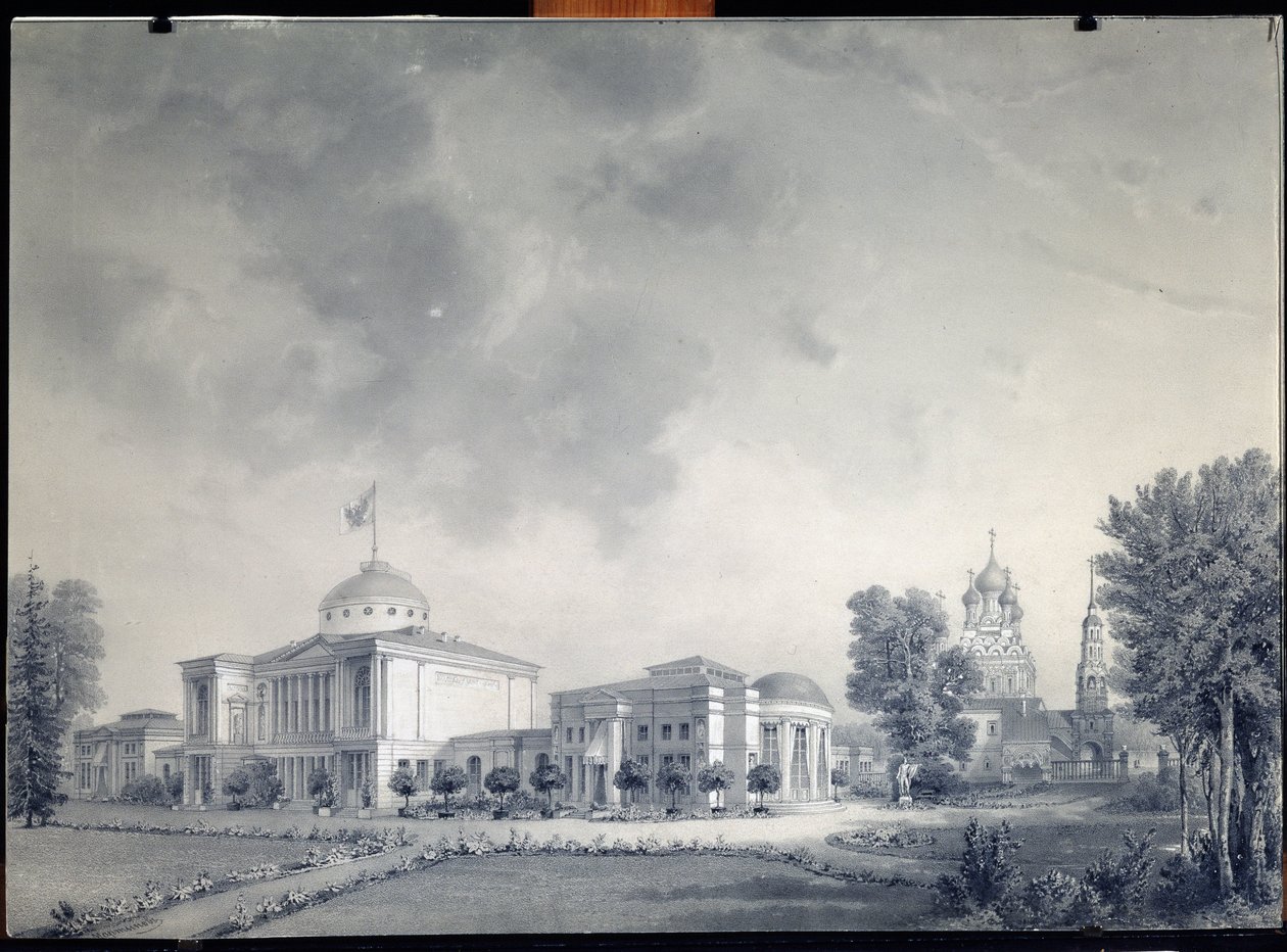 Kilátás az Ostankino-palotára, Moszkva (Kilátás az Ostankino-palotára) - Dmitrij Nikiforovich Martynov (1826-1889) munkája, ceruza papíron alkotó: Dmitri Nikiforovich Martynov