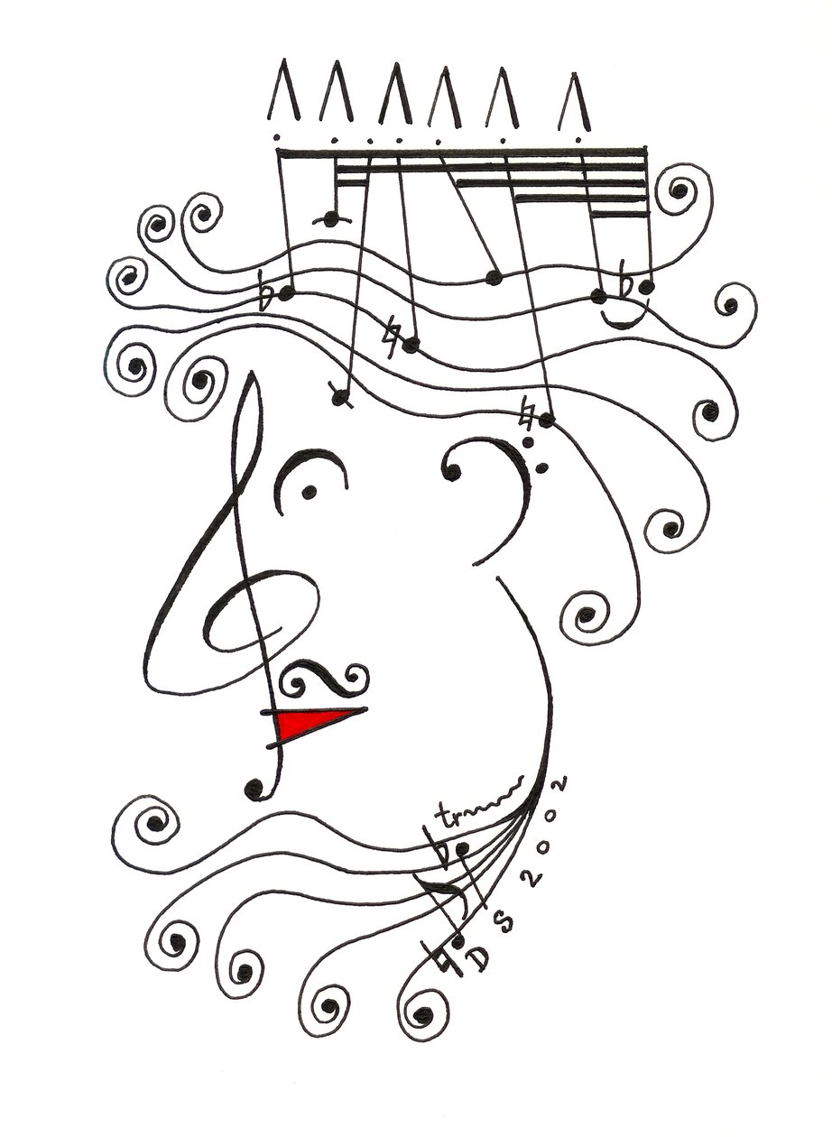 King of Music - egy koronát viselő fej karikatúrája, amely kottaírással készült. alkotó: Dmitri Smirnov