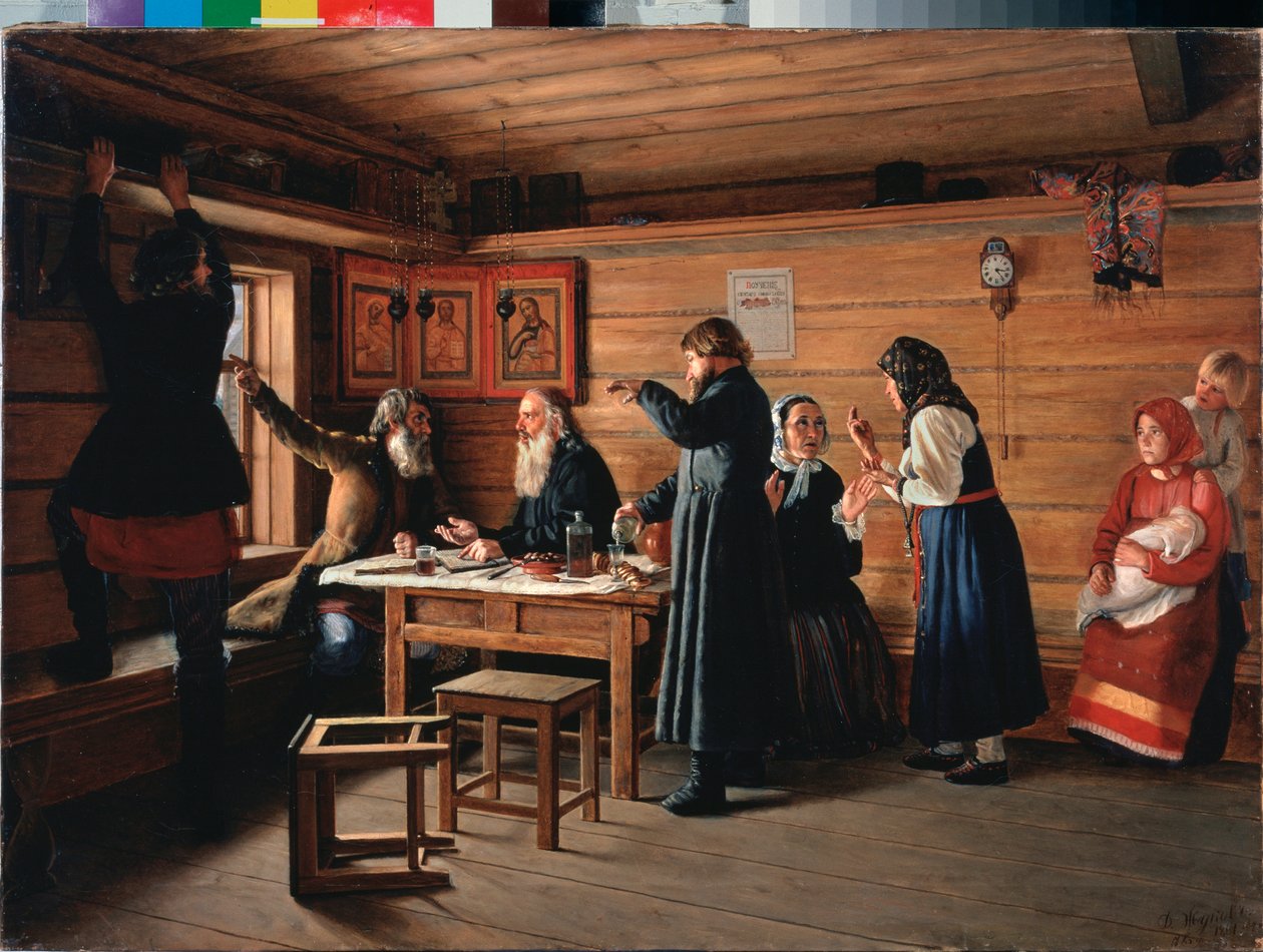 Vallási vita – Dmitrij Jegorovics Zsukov (1841-1903) festménye, olaj, vászon alkotó: Dmitri Yegorovich Zhukov