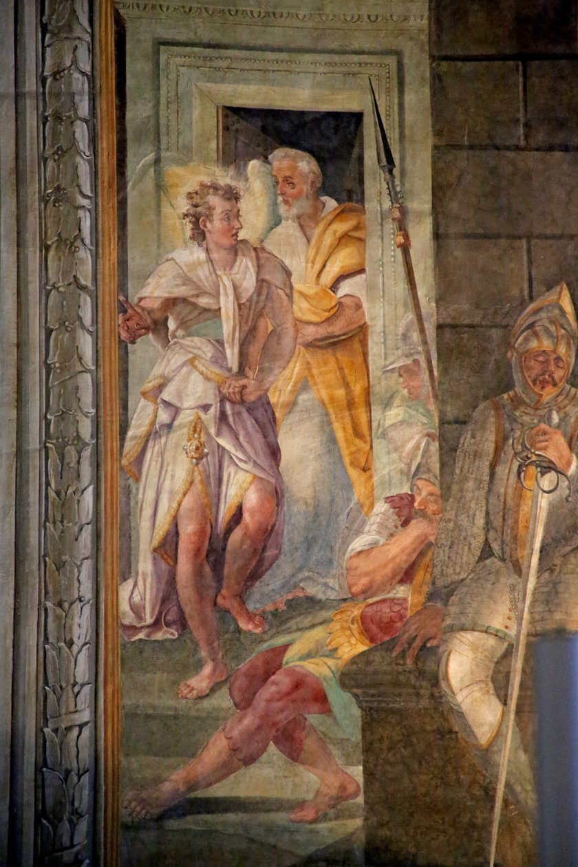 Szent Péter egy angyallal megszökik a börtönből, 1604 alkotó: Domenichino