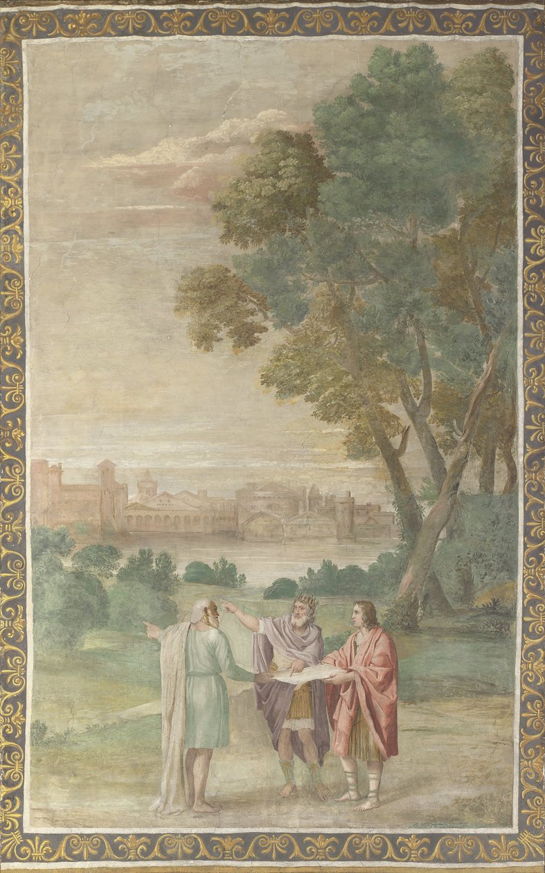 Apollo és a Neptunusz tanácsot adnak Laomedonnak a Trója építésével kapcsolatban alkotó: Domenichino