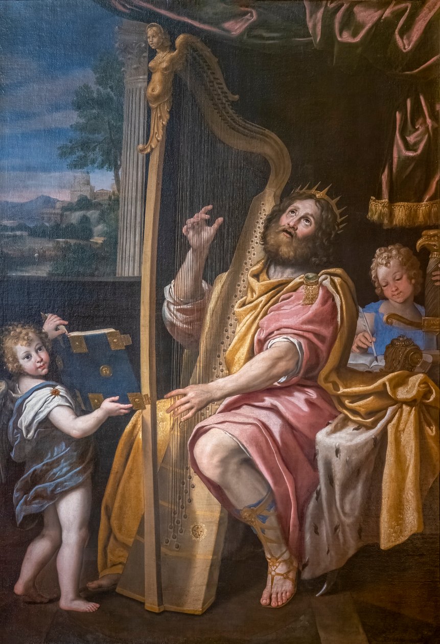 Dávid király hárfán játszik, Domenico Zampieri, akit Dominiquinként ismernek alkotó: Domenichino