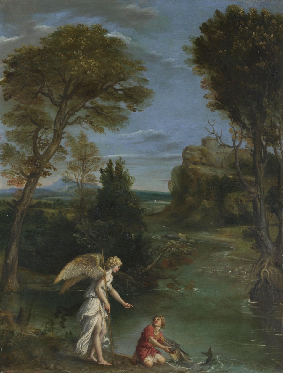 Tájkép Tóbiásszal, aki megfogja a halat, 1615 körül (olaj, réz) alkotó: Domenichino