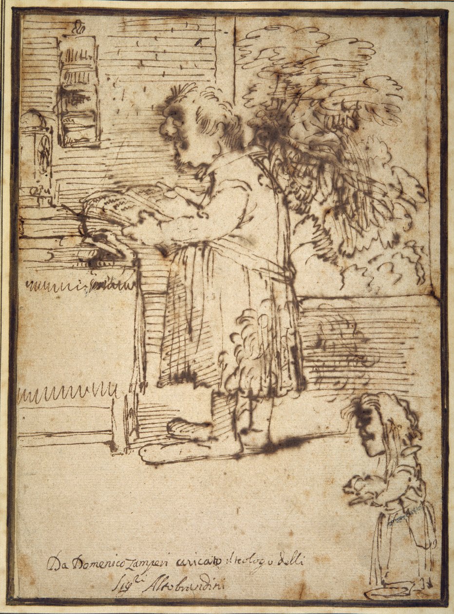 Aldobrandini teológus karikatúrája egy nőstény törpével, aki a kutyáját tartja (toll és tinta papíron) alkotó: Domenichino