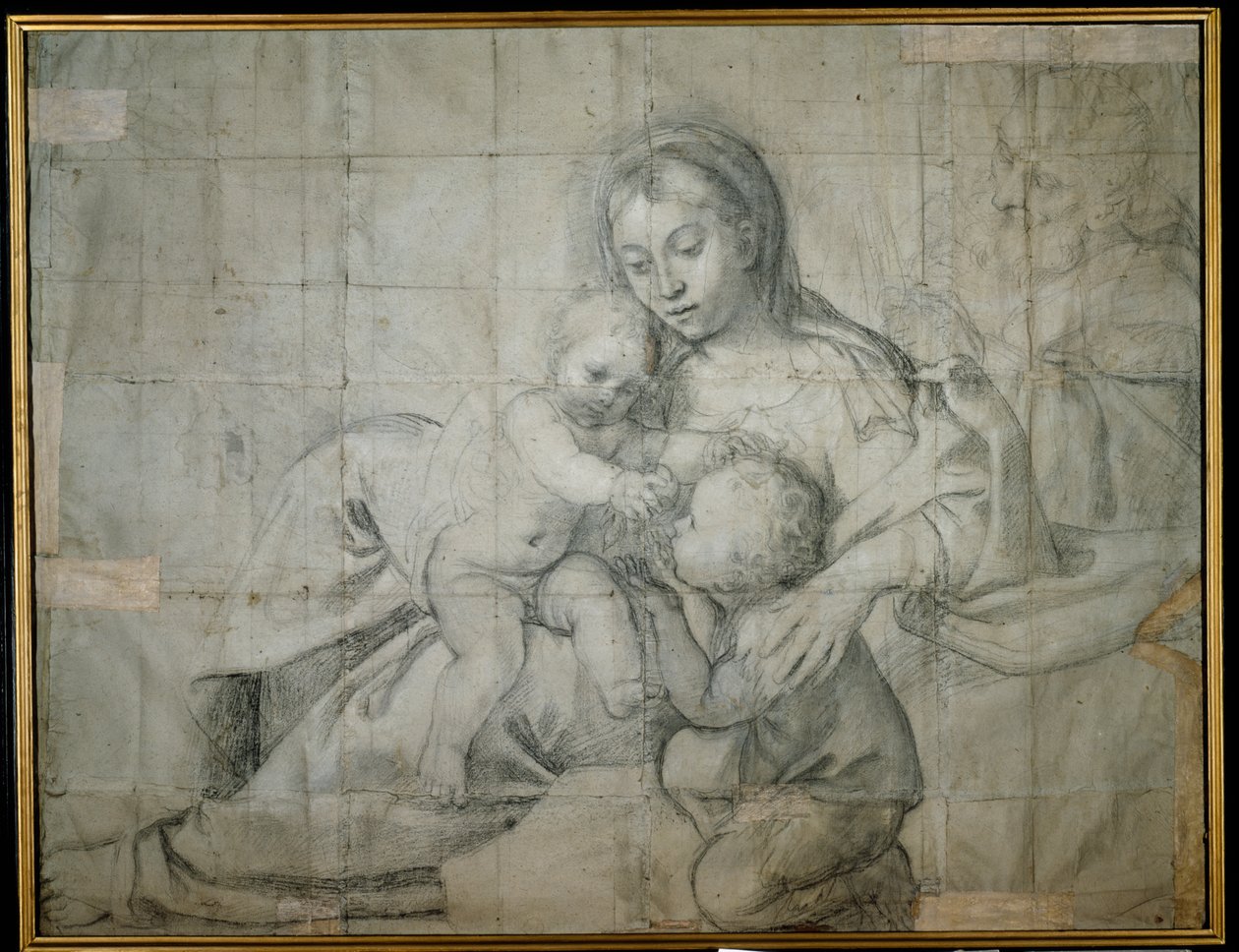 Nyugodt Szent Család Keresztelő Szent János csecsemővel (fekete kréta papíron) alkotó: Domenichino