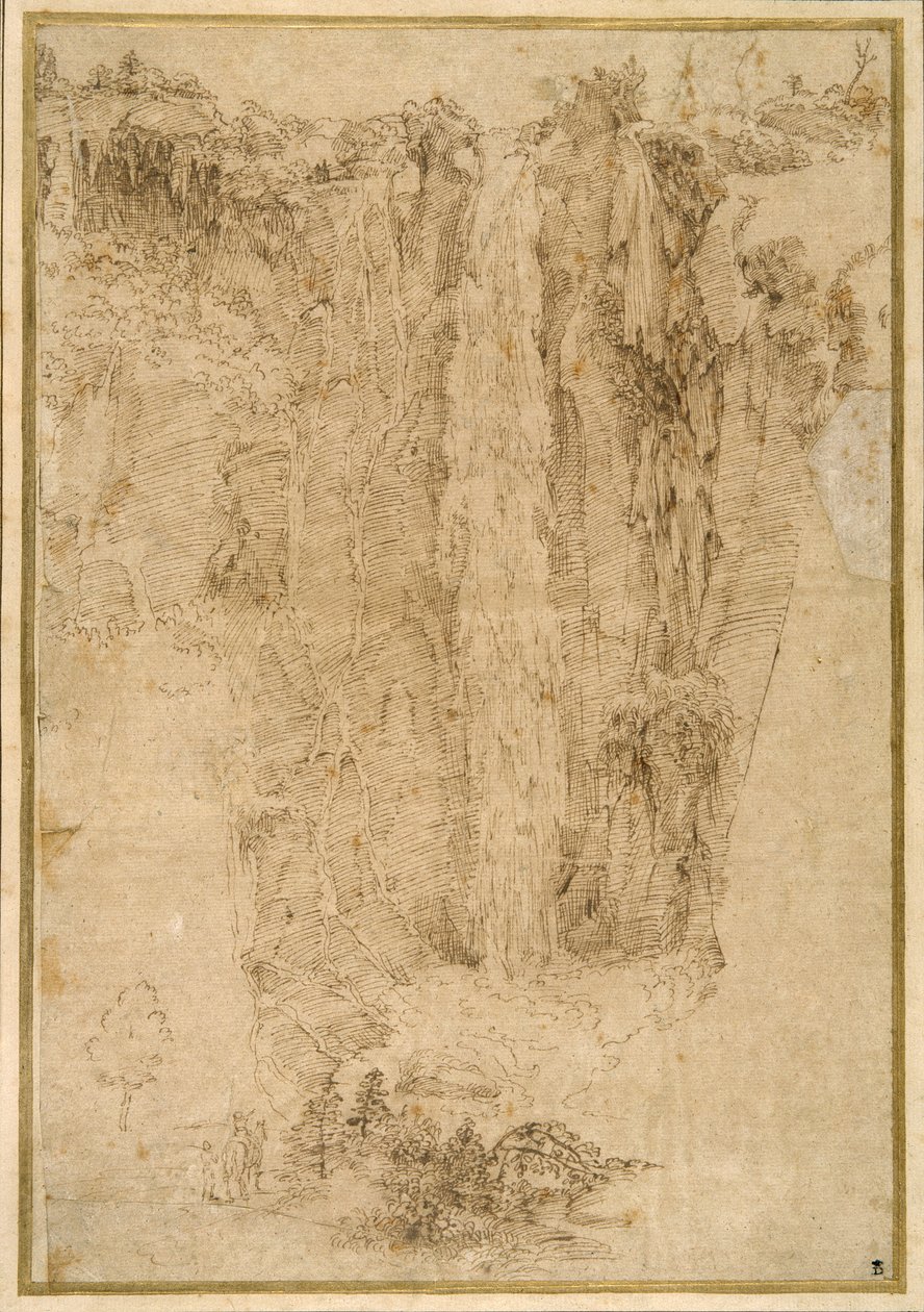 Táj kaszkáddal; lábánál, két férfi, az egyik ülve (toll és barna tinta papíron) alkotó: Domenichino