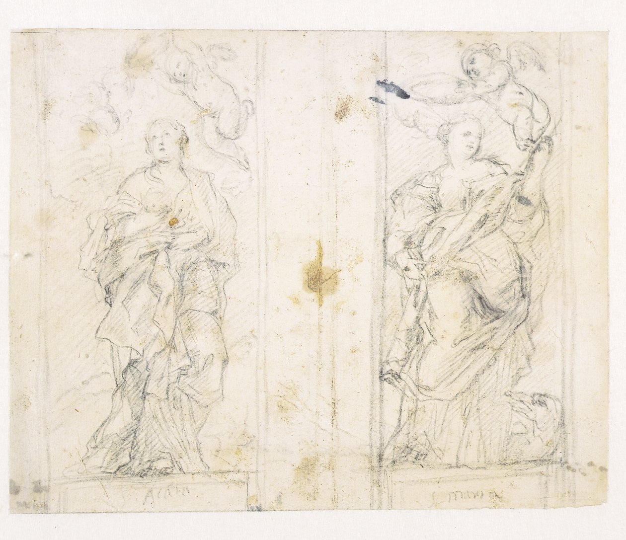Két fülke Szent Agáta és Margit álló alakjaival, amelyeket putti koronáz meg alkotó: Domenichino