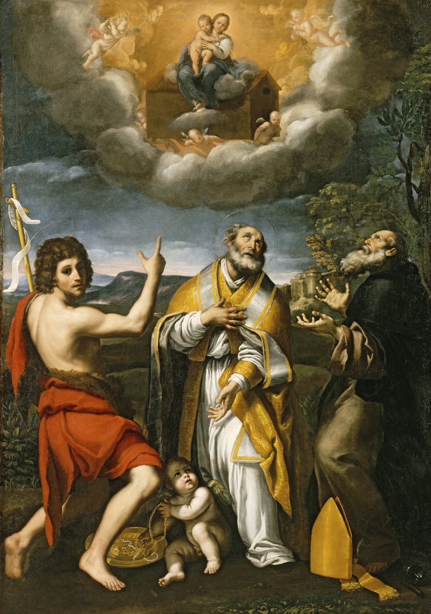 A Loretói Madonna Keresztelő Szent Jánosnak, Szent Eligiusnak és Szent Antal apátnak, 1618-1620 körül alkotó: Domenichino