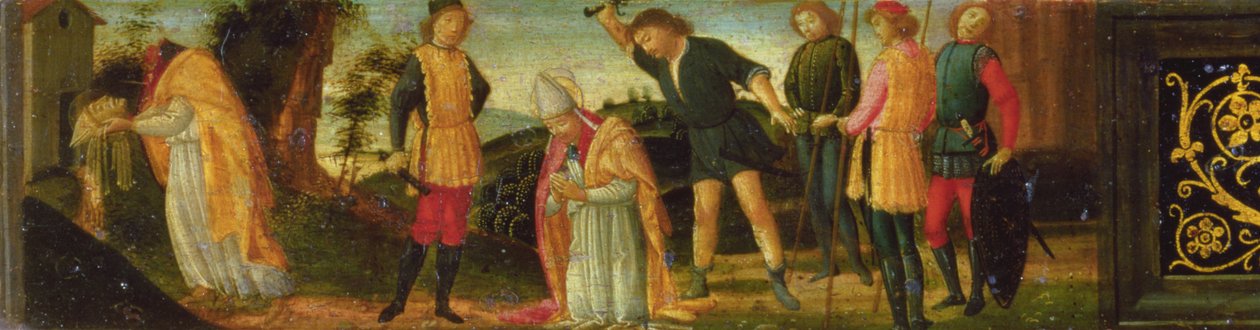 A párizsi Szent Dénes (Dionysius) mártíromsága, a predella-panel része, amely a szentek életének jeleneteit ábrázolja a Madonna és a szentekkel trónoló gyermek oltárképéről (panel) alkotó: Domenico Ghirlandaio